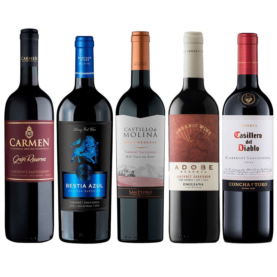PACK MIX CABERNET N°2: 1x Vino Carmen Gran Reserva Cabernet Sauvignon 750cc + 1x Vino Bestia Azul Cabernet Sauvignon 750cc + 1x Vino Castillo de Molina Gran Reserva Cabernet Sauvignon 750cc + 1x Vino Orgánico Adobe Reserva Cabernet Sauvignon 750cc + 1x Vino Casillero del Diablo Cabernet Sauvignon 750cc _1
