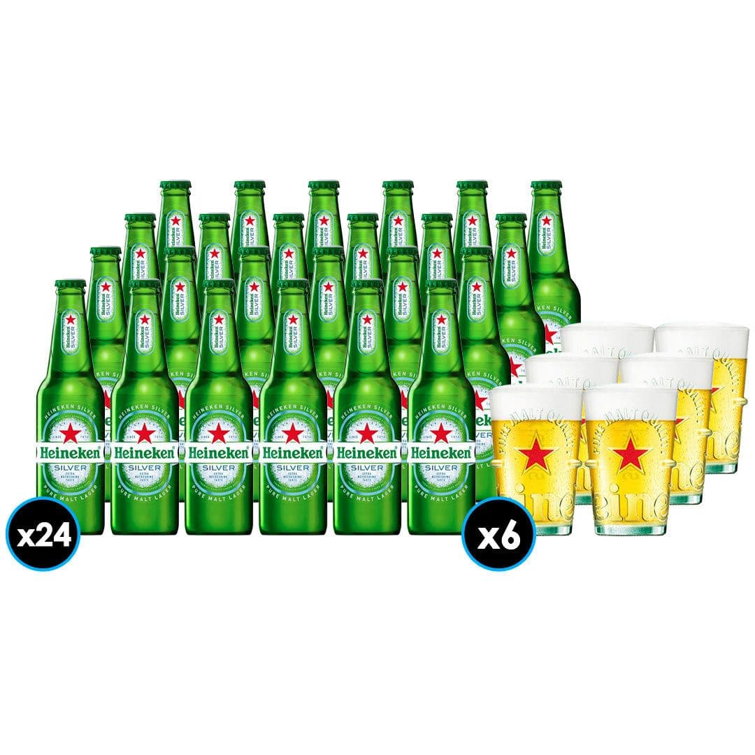 24x Cerveza Heineken Silver Botella 330cc + Caja 6 Vasos Vidrio Heineken 350cc_1