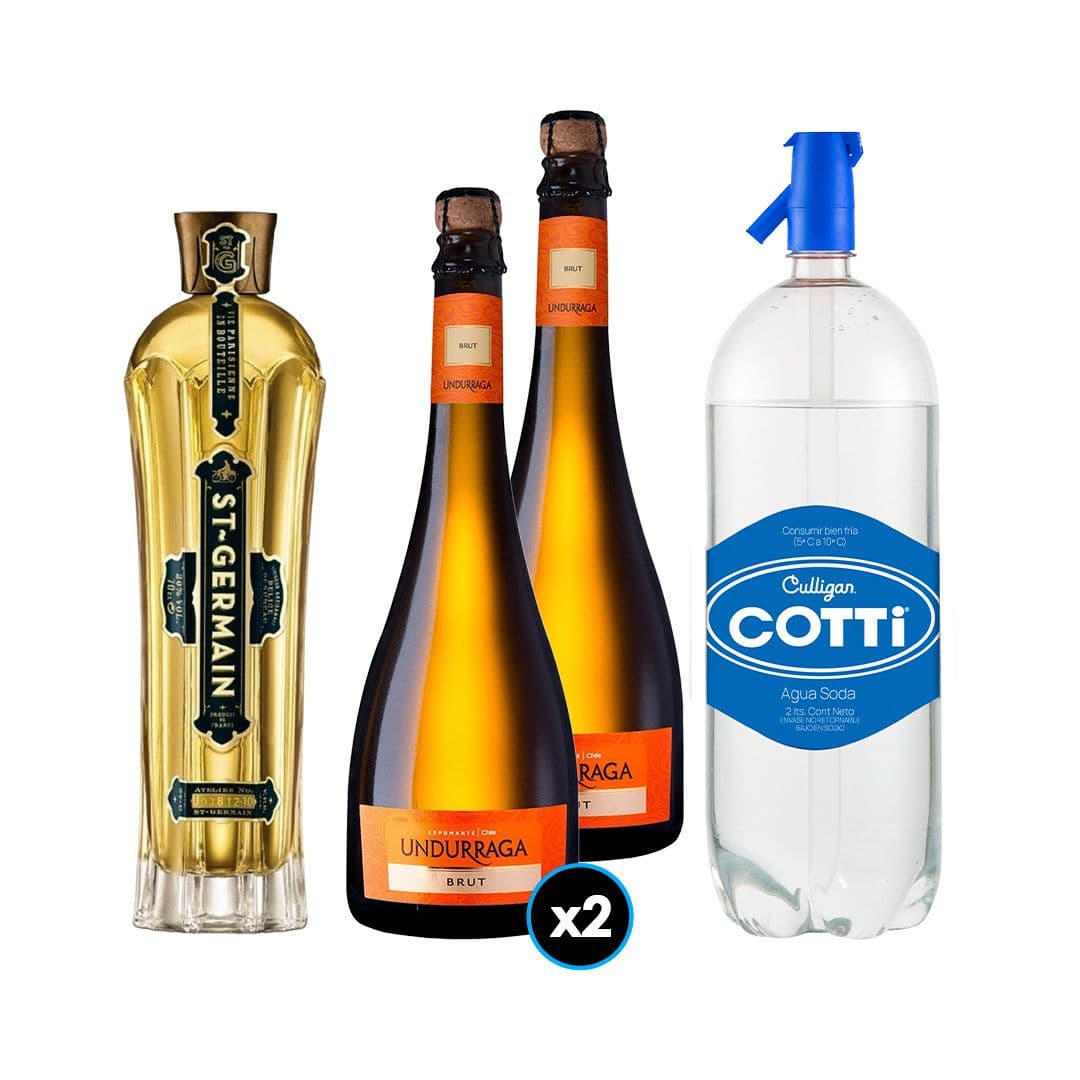 PACK SPRITZ PERFECTO (SAINT GERMAIN - UNDURRAGA): 1x Saint Germain Licor de Flores de Sauco 750cc + 2x Espumante Undurraga Brut 750cc + 1x Agua Soda Cotti 2 Litros_1