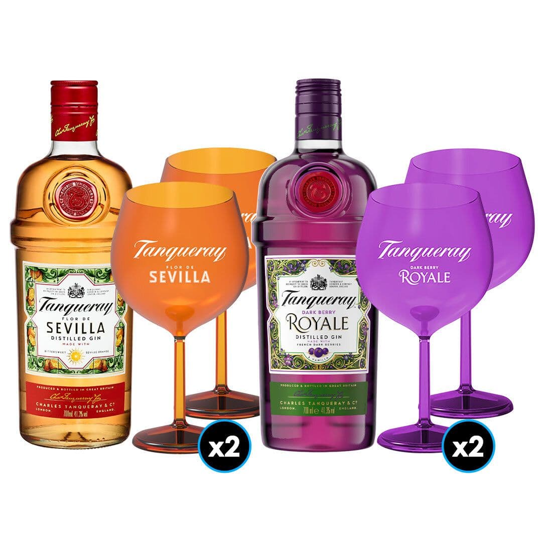 PACK TANQUERAY: 1x Gin Tanqueray Sevilla 700cc +2x Copa Acrilica Royal +1x Gin Tanqueray Royale 700cc +2x Copa Acrilica Sevilla_1