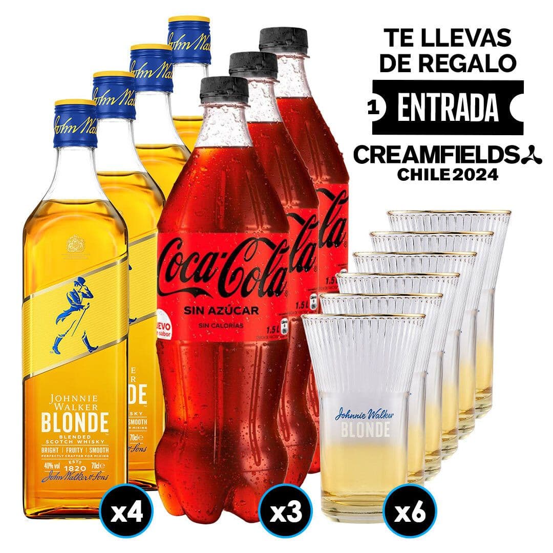 Pack Creamfields Johnnie Walker Blonde: 4X Whisky Johnnie Walker Blonde 750cc 40º alc. + 3X Bebida Coca Cola Sin Azúcar 1.5 L + 6X Vaso JW Blonde Vidrio_1