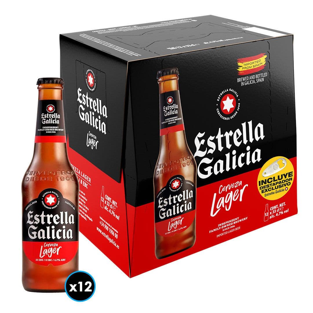 12x Cerveza Estrella Galicia Premium Lager Botella 330cc + Destapador_1