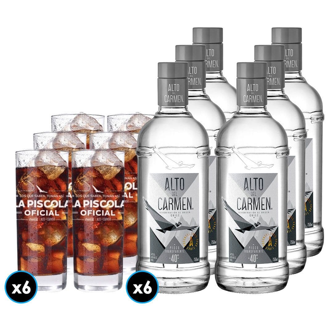 Pack Caja ADC Transparente 750cc + 6 vaso vidrio ADC: 6x Pisco Alto del Carmen Transparente 750cc 40º alc. + 6x Vaso Vidrio Alto del Carmen_1