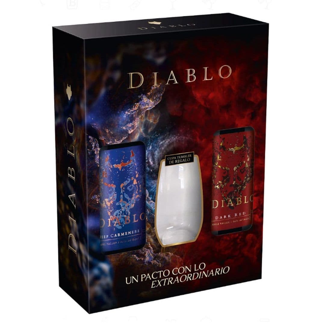 Pack Vinos Diablo y Copa Tumbler: 1x Vino Diablo Dark Red 750cc + 1x Vino Diablo Deep Carmenere 750cc + Copa Tumbler_1
