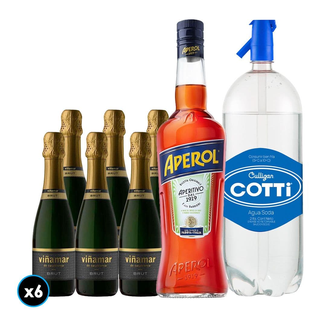 Pack Spritz Aperol - Viñamar: 6x Viñamar Charmat Brut Botella 375cc + Agua Soda Cotti 2lt + Licor Aperitivo Aperol 750cc_1