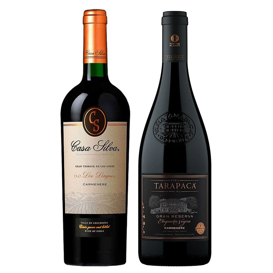 DUO TARAPACÁ (Et. Negra Carmenere) + CASA SILVA (Gran Terroir Carmenere): 1x Vino Tarapacá Etiqueta Negra Carmenere 750cc + 1x Vino Casa Silva Gran Terroir Carmenere 750cc_1