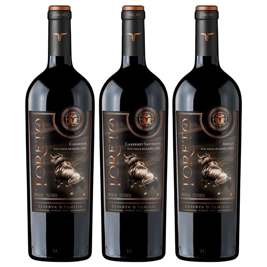 PACK TORETO FAMILIA N°1: 1x Vino Toreto Reserva de Familia Carmenere 750cc + 1x Vino Toreto Reserva de Familia Cabernet Sauvignon 750cc + 1x Vino Toreto Reserva de Familia Merlot 750cc_1