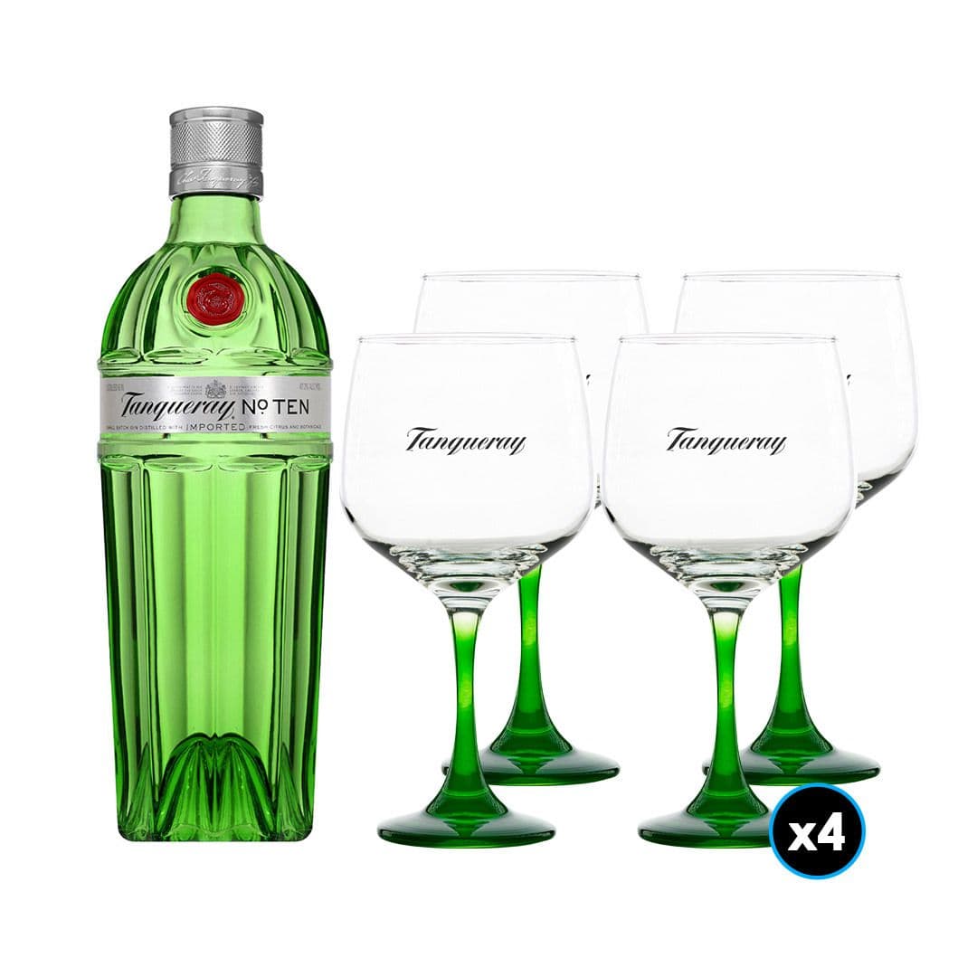 PACK TANQUERAY N10: 1x Gin Tanqueray N°10 750cc +4x Copón Vidrio Tanqueray_1
