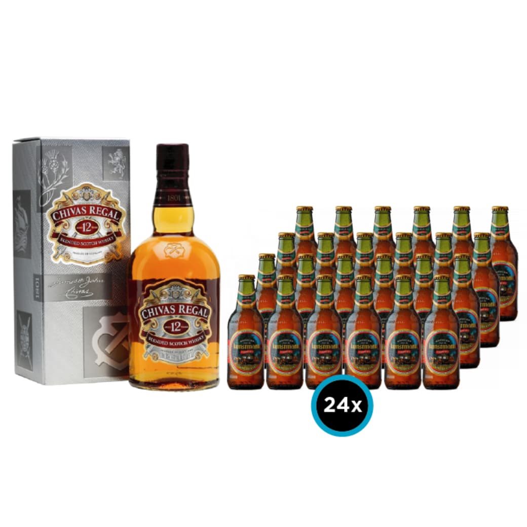 PACK CHIVAS TOROBAYO: Whisky Chivas Regal 12 años 750cc 40º alc. + 24x Cerveza Kunstmann Torobayo Botella 330cc_1