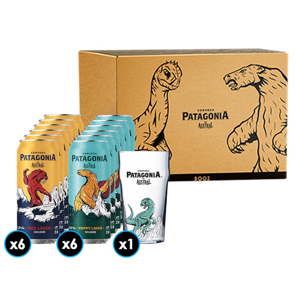 KIT PATAGONIA MIX N°3: 6x Cerveza Austral Hoppy Lager + 6x Cerveza Austral Red Lager + 1x Vaso Patagonia Lotus_1