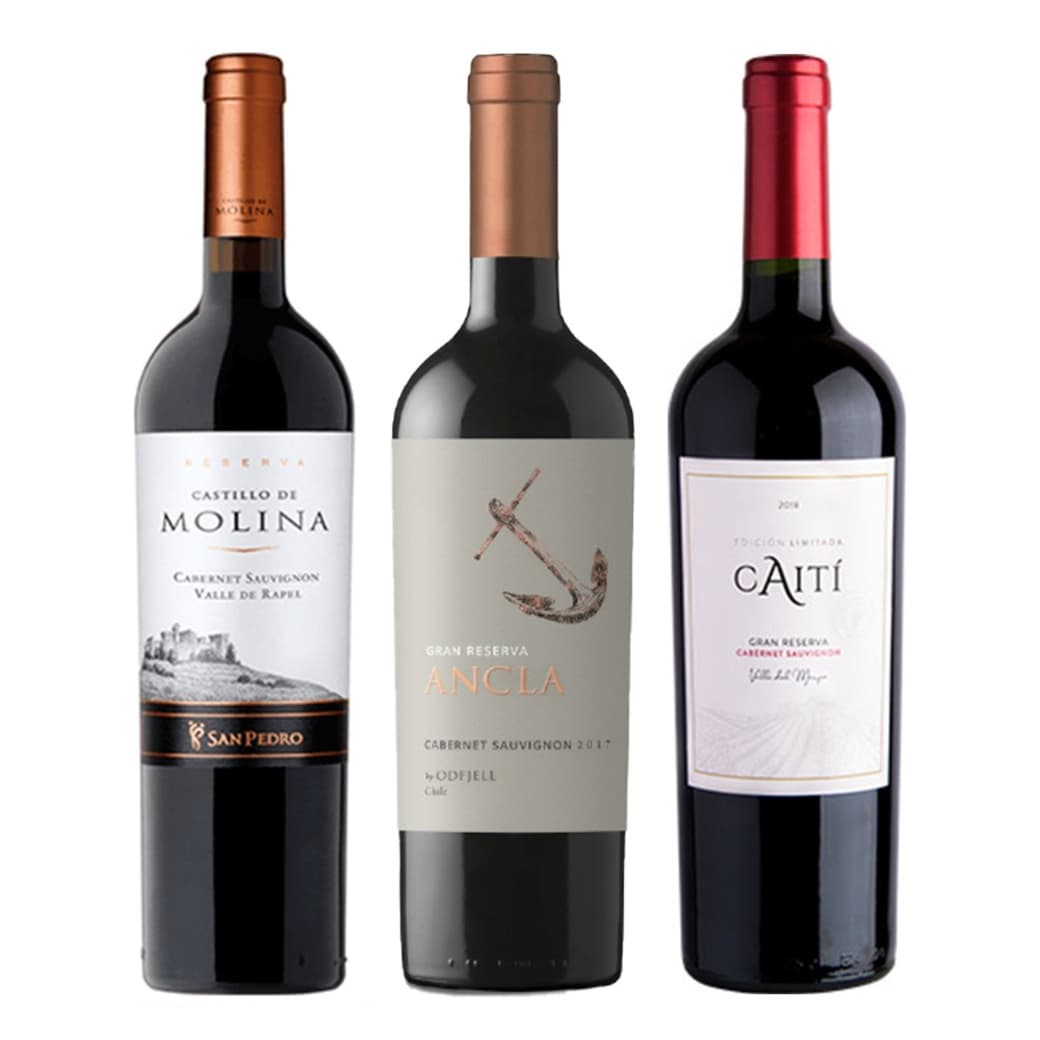 PACK CdM/Ancla/Caiti: Vino Castillo de Molina Reserva Cabernet Sauvignon 750cc + Vino Odfjell Ancla Gran Reserva Cabernet Sauvignon 750cc + Vino Caiti Gran Reserva Cabernet Sauvignon 750cc_1