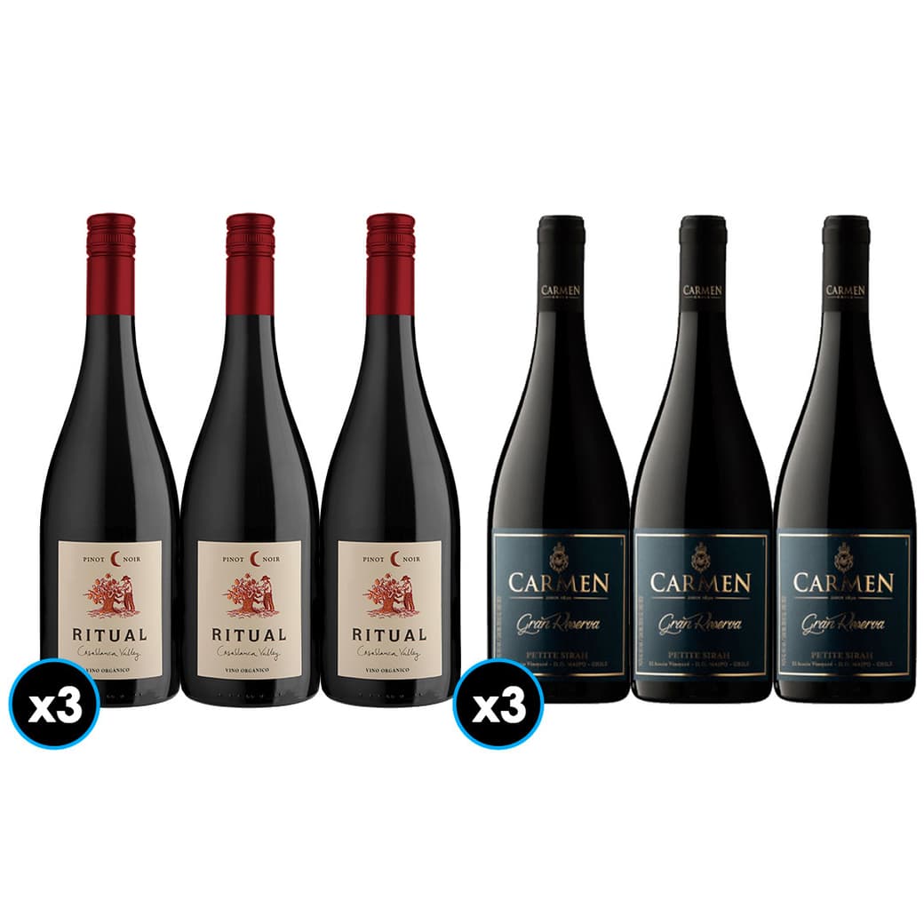 PACK RITUAL CARMEN: 3x Vino Ritual Pinot Noir Orgánico 750cc + 3x Vino Carmen Gran Reserva Petite Syrah 750cc_1