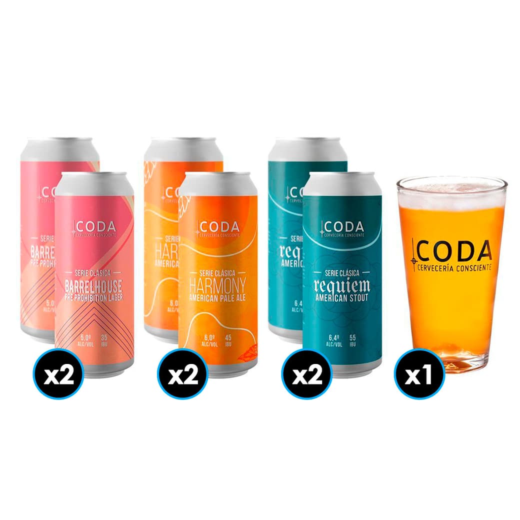 Kit Cerveza Coda: 2x Cerveza CODA Barrelhouse (Pre-Prohibition Lager) Lata 470cc + 2x Cerveza CODA Harmony (American Pale Ale) Lata 470cc + 2x Cerveza CODA Requiem (American Stout) Lata 470cc + 1x Vaso _1