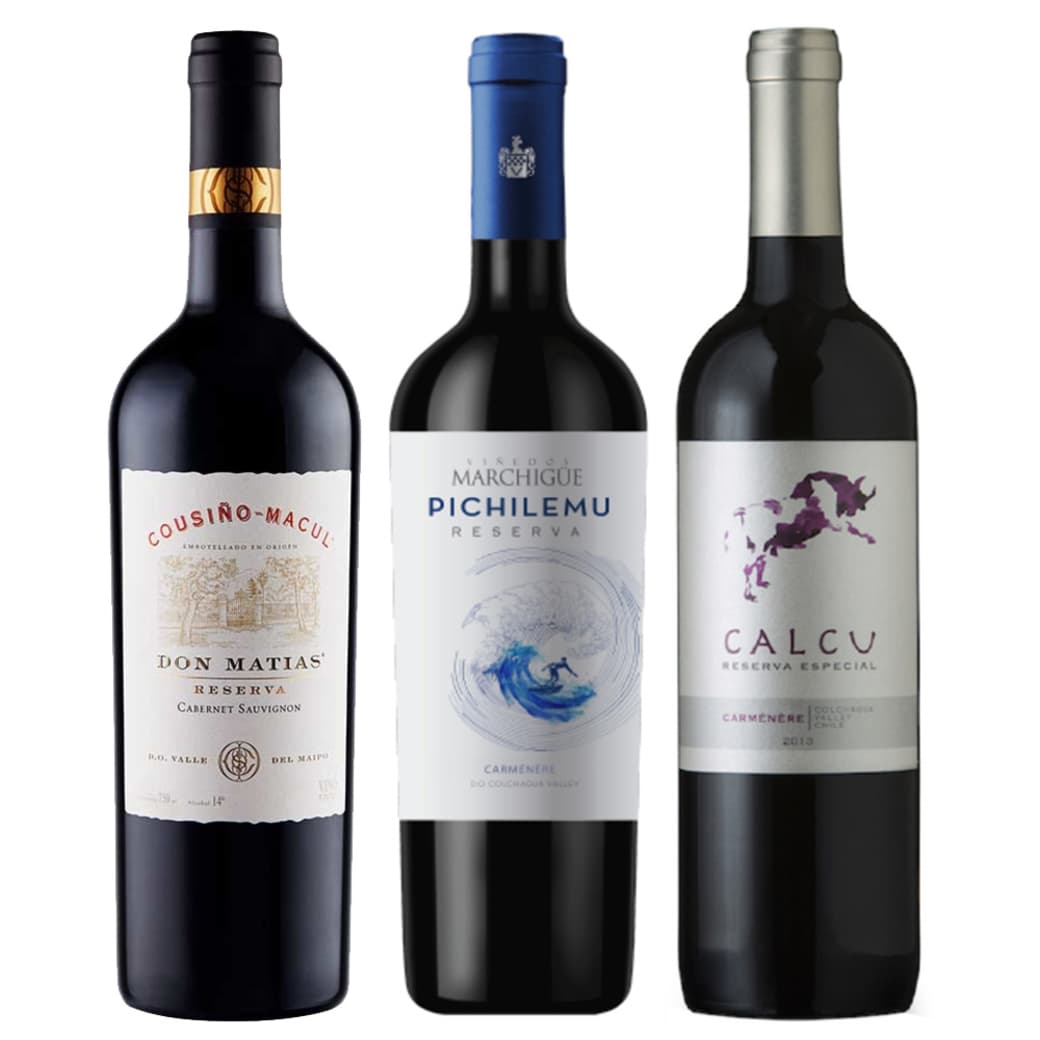 CYBER WINE PACK Nº15: 1x Vino Cousiño Don Matías Reserva Cabernet Sauvignon 750cc + 1x Vino Pichilemu Reserva Carmenere 750cc + Vino Calcu Reserva Especial Carmenere 750cc_1