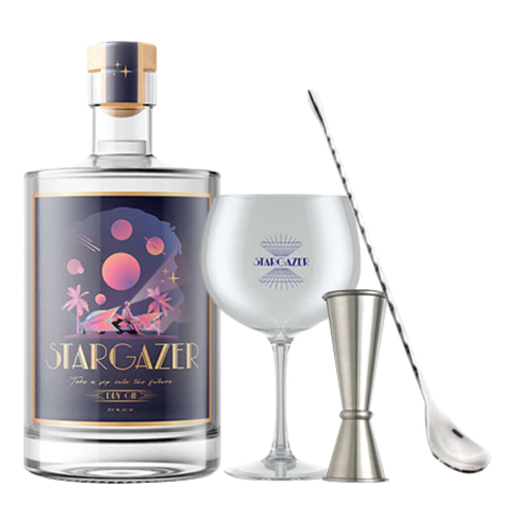 PACK STARGAZER® COCKTAIL MASTER Nº1: 1x Stargazer® Gin 700cc 42º alc. + Copa Gin Stargazer + Medidor Tragos Japonés Acero 60/30cc + 1x Cuchara Bar Acero Tor 30cm_1